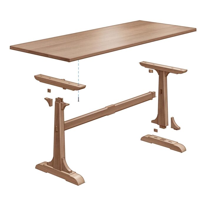 An drawing of the trestle table shows all the parts separated and illustrates how they are joined together. 