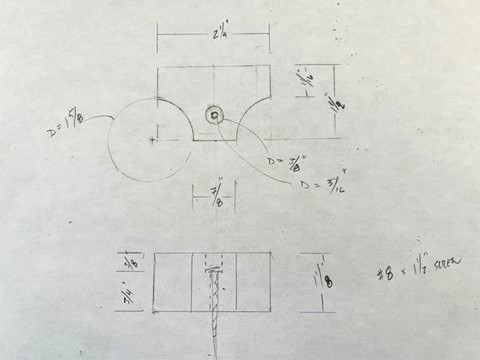 One of Tom's drawings with the dimensions of the screw block.