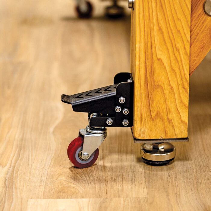 A smaller caster with a rotating wheel that allows you to pivot whatever table they are attached to.