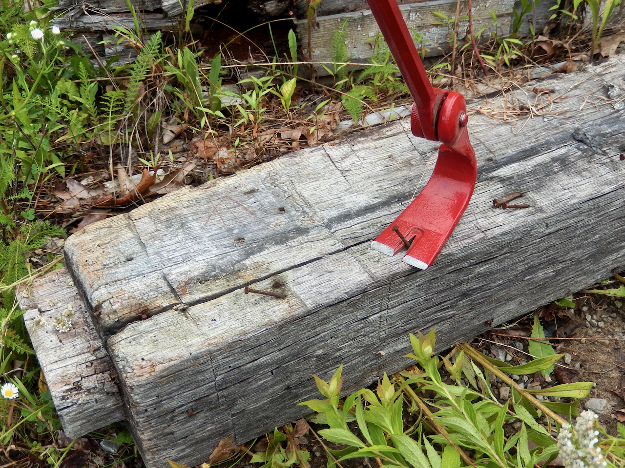 A red cats paw tool pulling a nail from a reclaimed board.