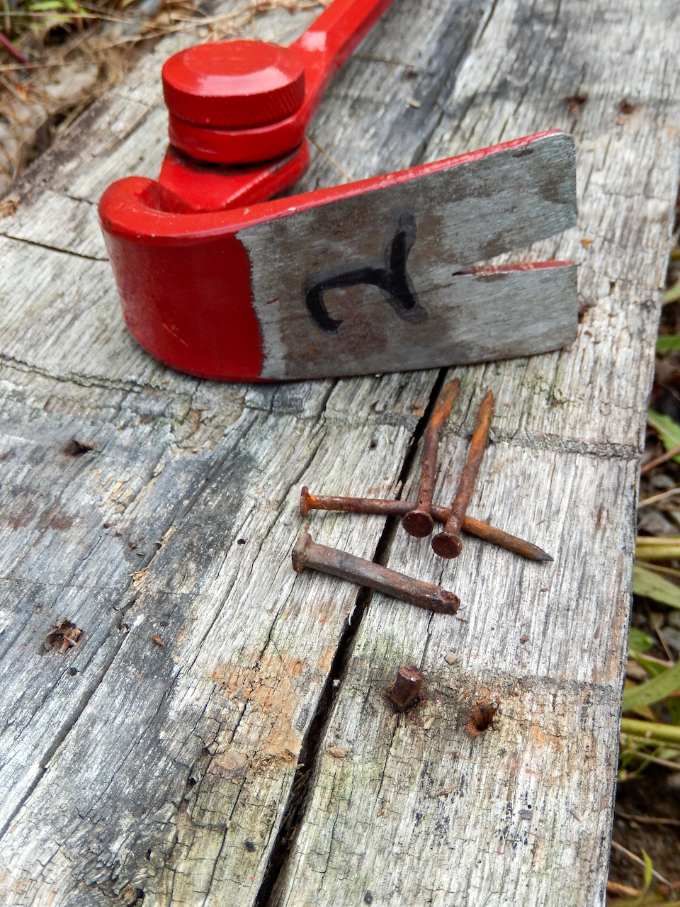 A red cats paw tool with several extracted nails lying on a reclaimed board.