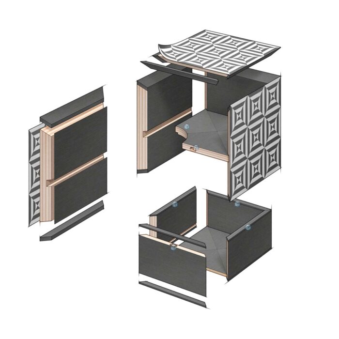 An illustration of the Harlequin box shown in parts. 