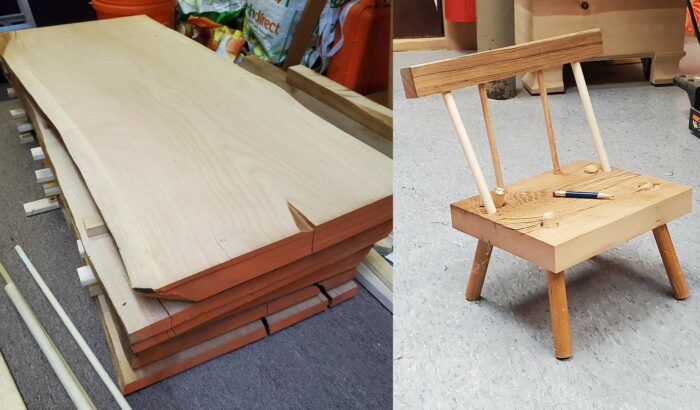 On the left a photo of a cherry log milled up. On the right a photo of a stick chair.