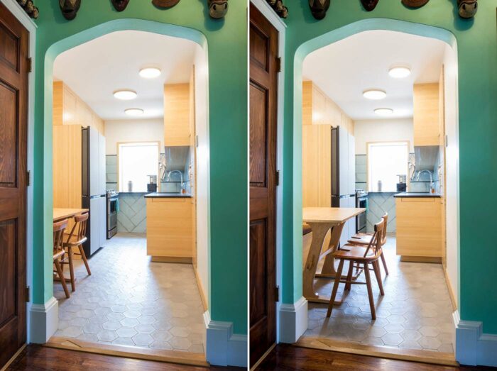 Two photos of a kitchen. One showing the chairs sticking out and no area to walk through. The other with the chairs tucked in and plenty of room to walk.